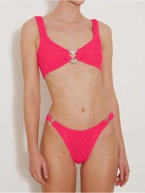 NWT Hunza G Bikini Set Heather Hot Neon Pink Crinkle Heart Silver One Size New